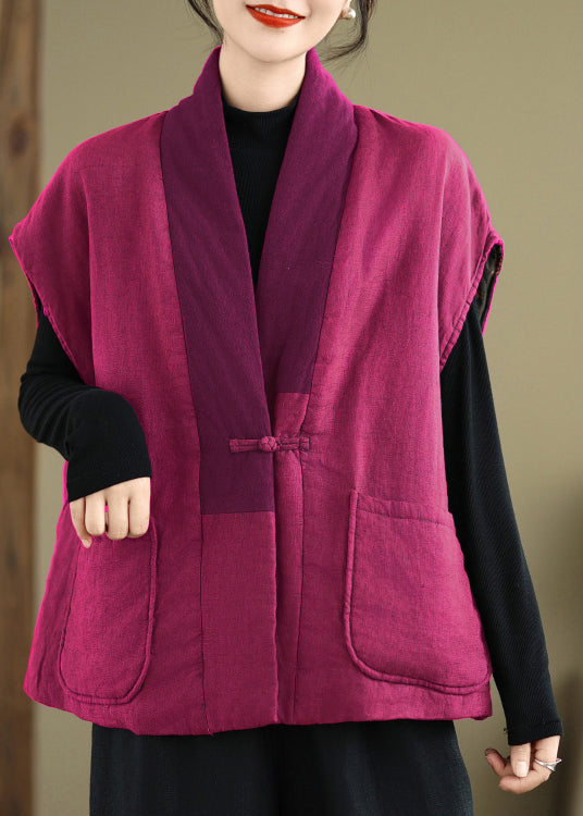 Rose V Neck Pockets Patchwork Fine Cotton Filled Vest Sleeveless