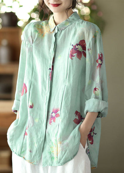 Light Green Button Peter Pan Collar Linen Blouses Spring