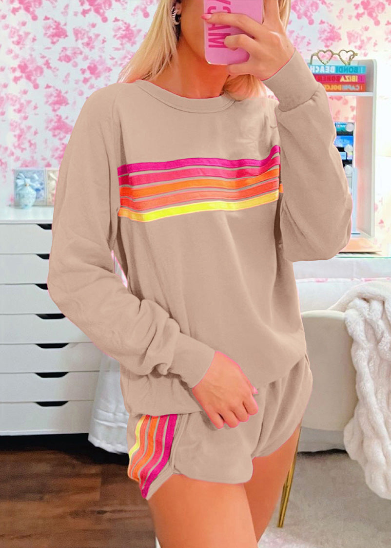 Loose Pink Striped T Shirt and Shorts Cotton Two Pieces Set Spring