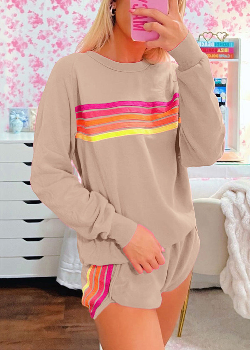 Loose Pink Striped T Shirt and Shorts Cotton Two Pieces Set Spring
