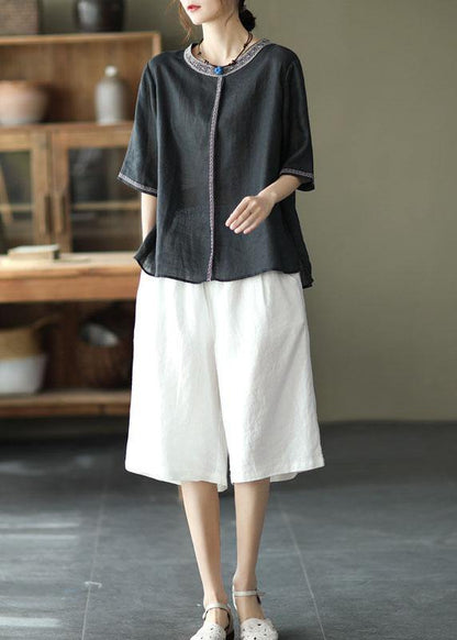 Natural Black O-neck Embroidered Summer Ramie Blouses Half Sleeve