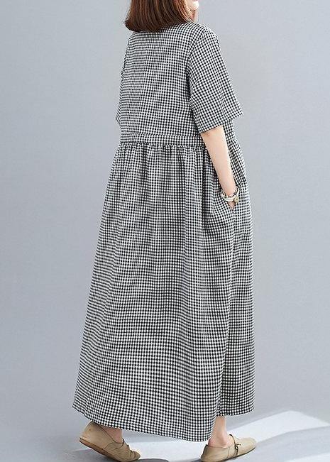 Simple Black Plaid Linen Cotton Dresses V Neck Drawstring Loose Dresses
