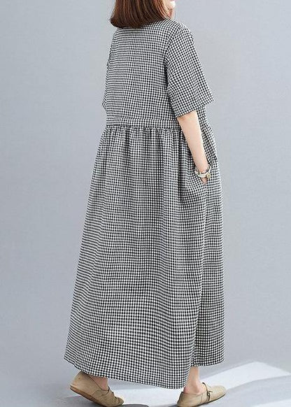 Simple Black Plaid Linen Cotton Dresses V Neck Drawstring Loose Dresses
