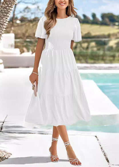 Green O-neck Wrinkled Patchwork Chiffon Dress Summer