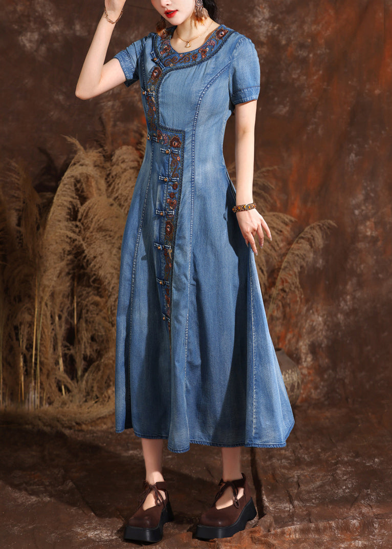 Handmade Light Blue O-neck Asymmetrical Embroidered Button Maxi Denim Dresses Summer