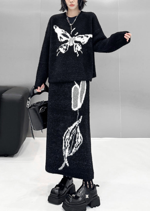 Natural Black O-neck Butterfly Print Cotton Knit Sweater and Maxi Skirts Two Pieces Sets Fall