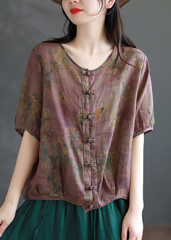 Handmade Coffee O-neck Print Button Ramie Shirts Short Sleeve