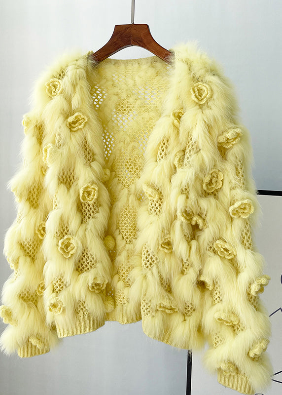 Yellow Patchwork Mink Hair Knitted Coats Lantern Sleeve