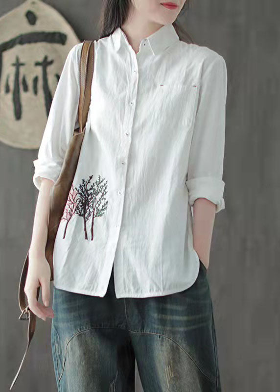 Organic White Peter Pan Collar Embroidered Cotton Shirt Top Long Sleeve
