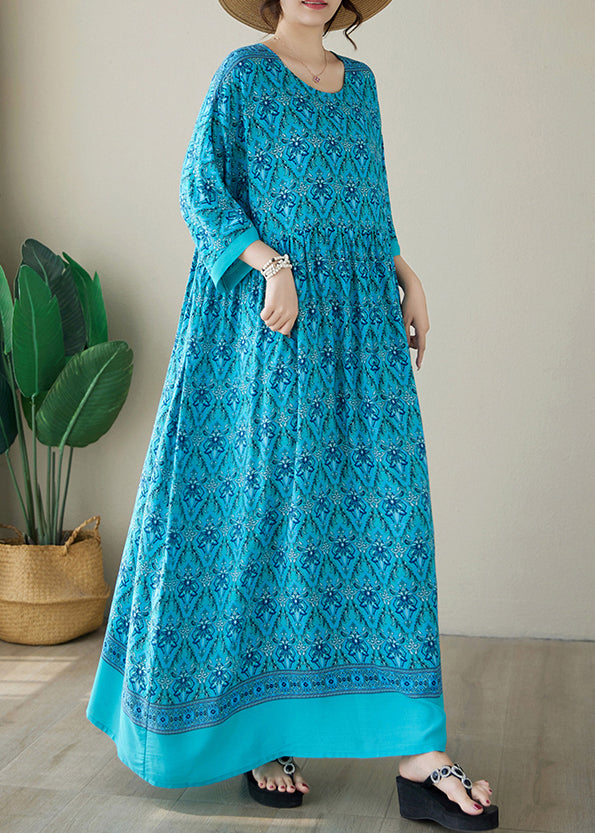 Blue Print Cotton Long Dress O Neck Summer