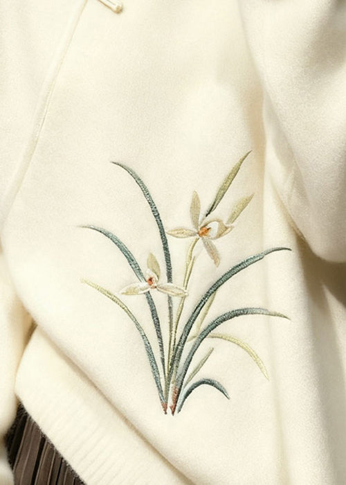 White Stand Collar Button Orchid Knit Sweaters Winter