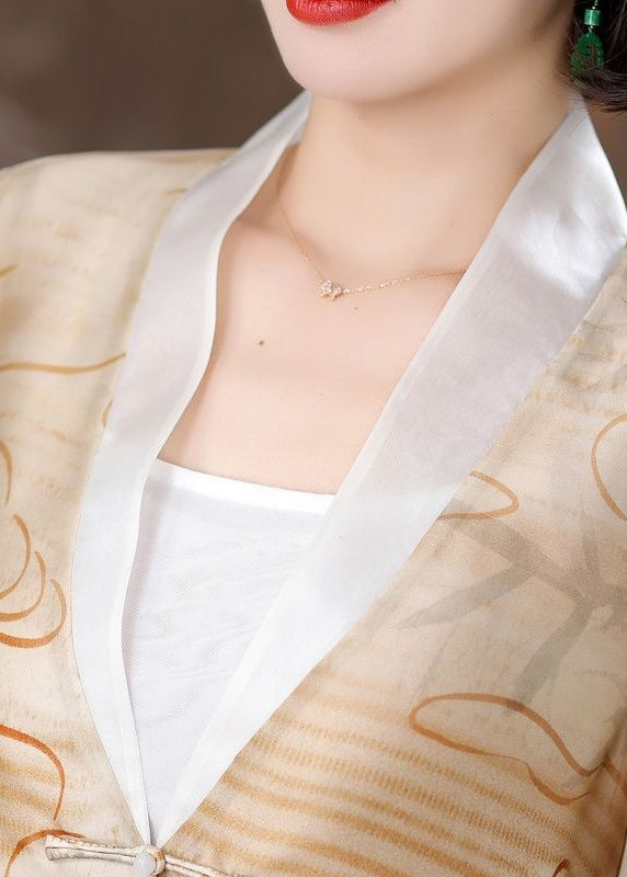 Apricot Asymmetrical Print Chinese Button Silk Cardigan Fall