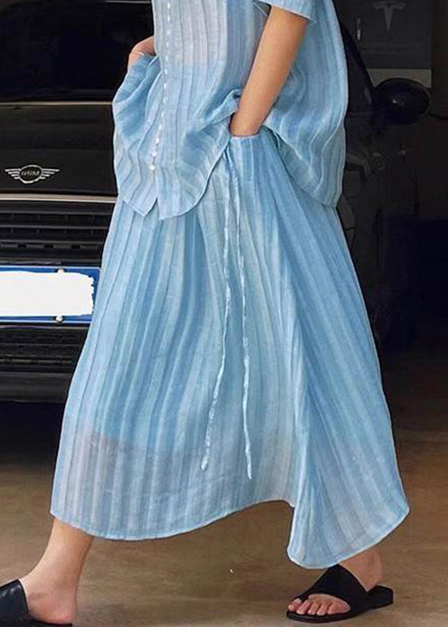 Loose Blue Button Blouses and Skirts Two Pieces Set Summer