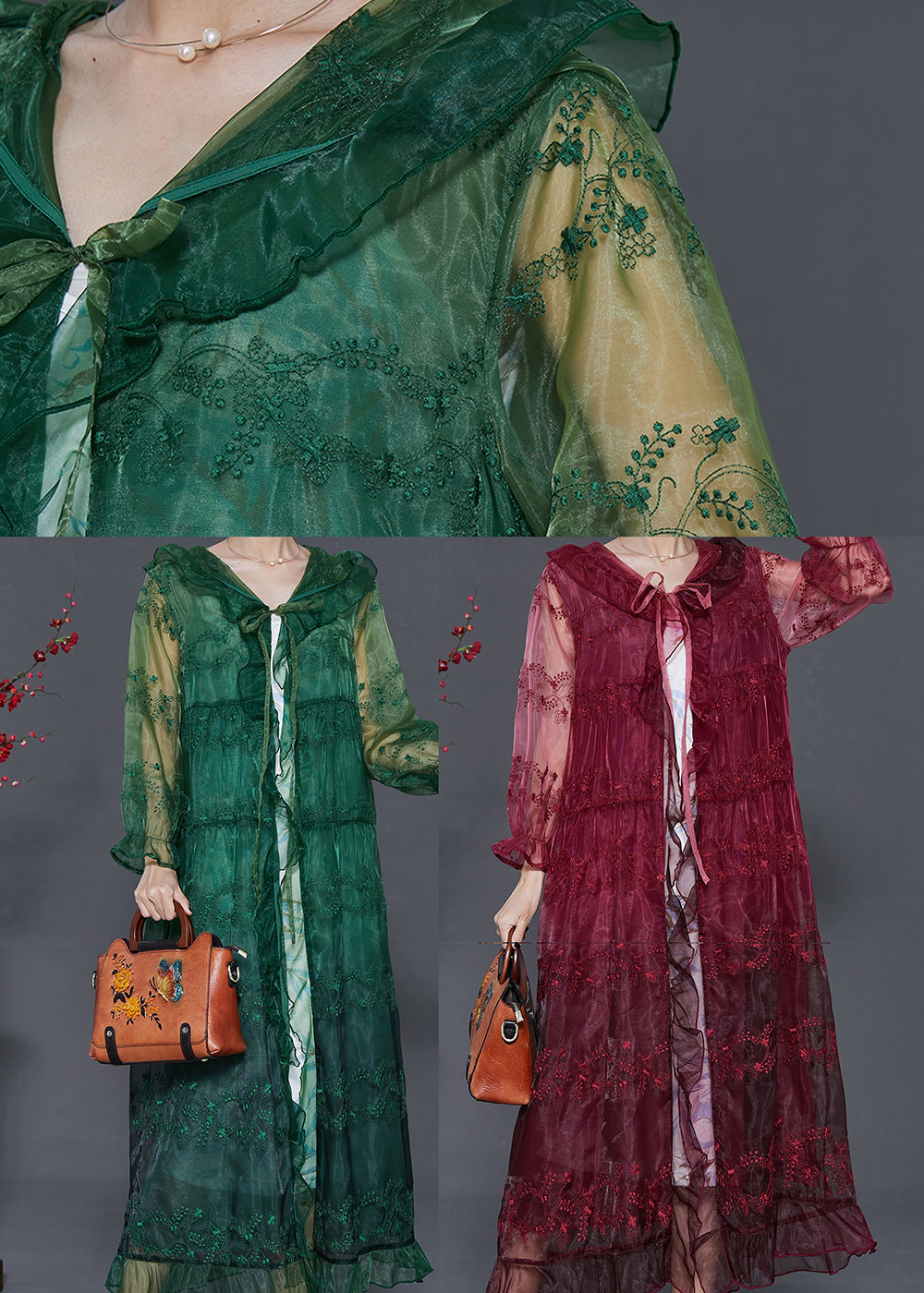 Green Organza Upf 50+ Cardigans Embroidered Ruffled Summer