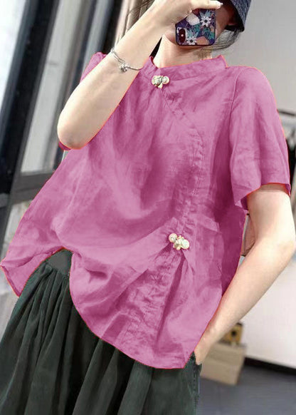 Pink Stand Collar Patchwork Bow Shirt Short Sleeve