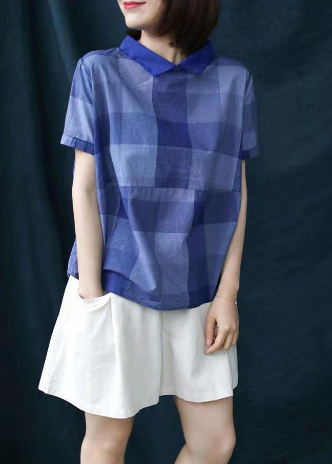 Blue Plaid Peter Pan Collar Patchwork Linen Shirt Tops Summer