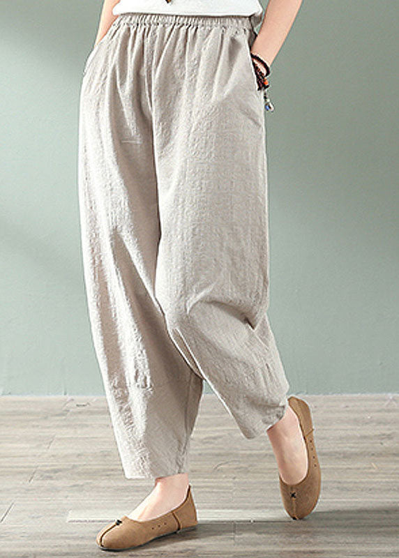 Linen Colour Elastic Waist Pockets Linen Crop Pants Summer
