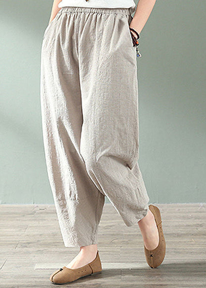 Linen Colour Elastic Waist Pockets Linen Crop Pants Summer
