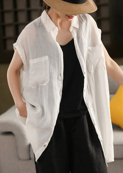 Pink Button Pockets Cotton Summer Shirt Peter Pan Collar