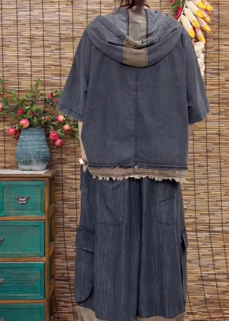 Blue Patchwork Hooded Top and Wide Leg Pants Two Pieces Set Summer