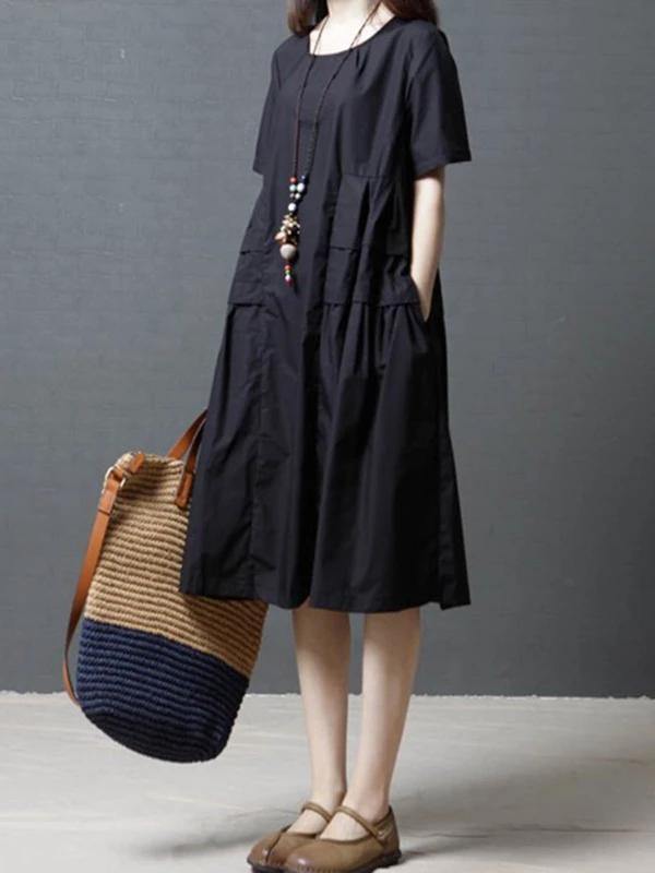 Italian O Neck Pockets Cotton Clothes for Outfits Red Dress