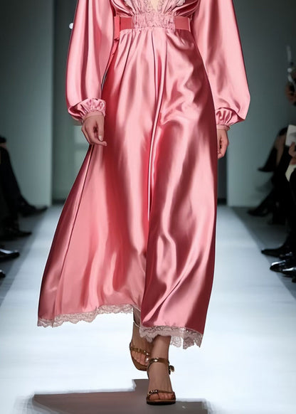 Classy Pink V Neck Patchwork Lace Long Dress Spring