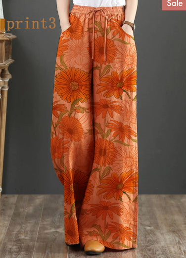 Orange-print3 Elastic Waist Linen Straight Pants Color Drawstring Summer