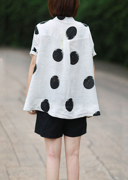 Diy White Stand Collar Dot Print Patchwork Linen Blouses Summer