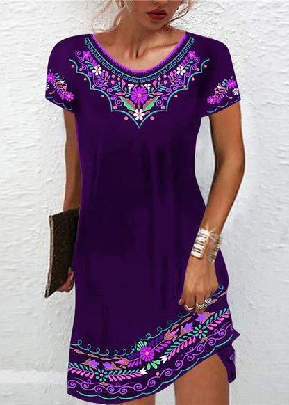 Purple O Neck Print Cotton Mid Dress Summer