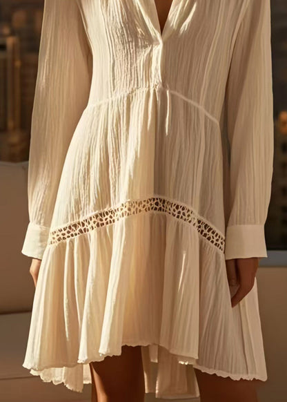 Diy White V Neck Patchwork Wrinkled Cotton Mid Dress Spring