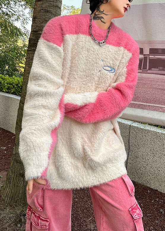 Art Pink O Neck Thick Patchwork Ma Hai Mao Sweaters Winter