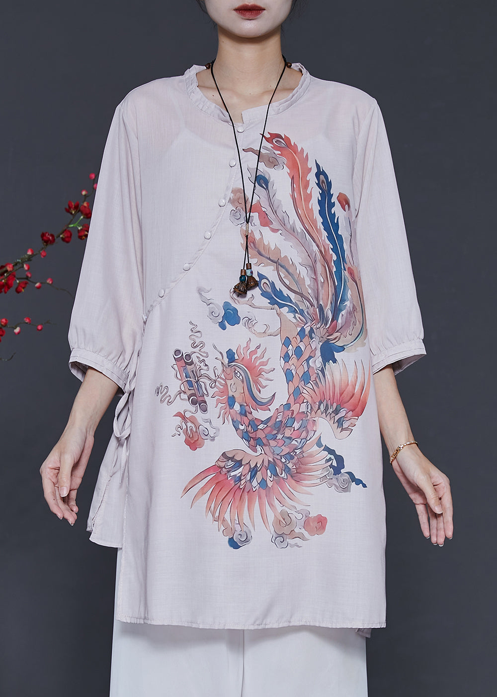 Art Beige Phoenix Print Linen Blouses Bracelet Sleeve