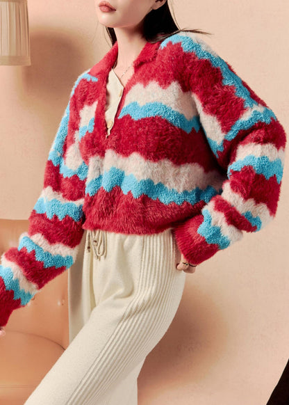 Striped V Neck Cozy Mink Hair Knitted Short Sweaters Winter