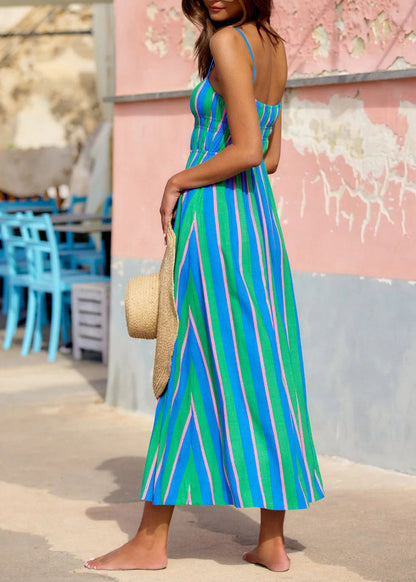 Green Striped Holiday Cotton Spaghetti Strap Dress Summer