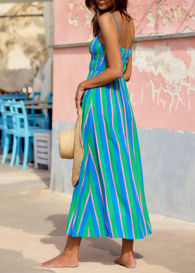 Green Striped Holiday Cotton Spaghetti Strap Dress Summer