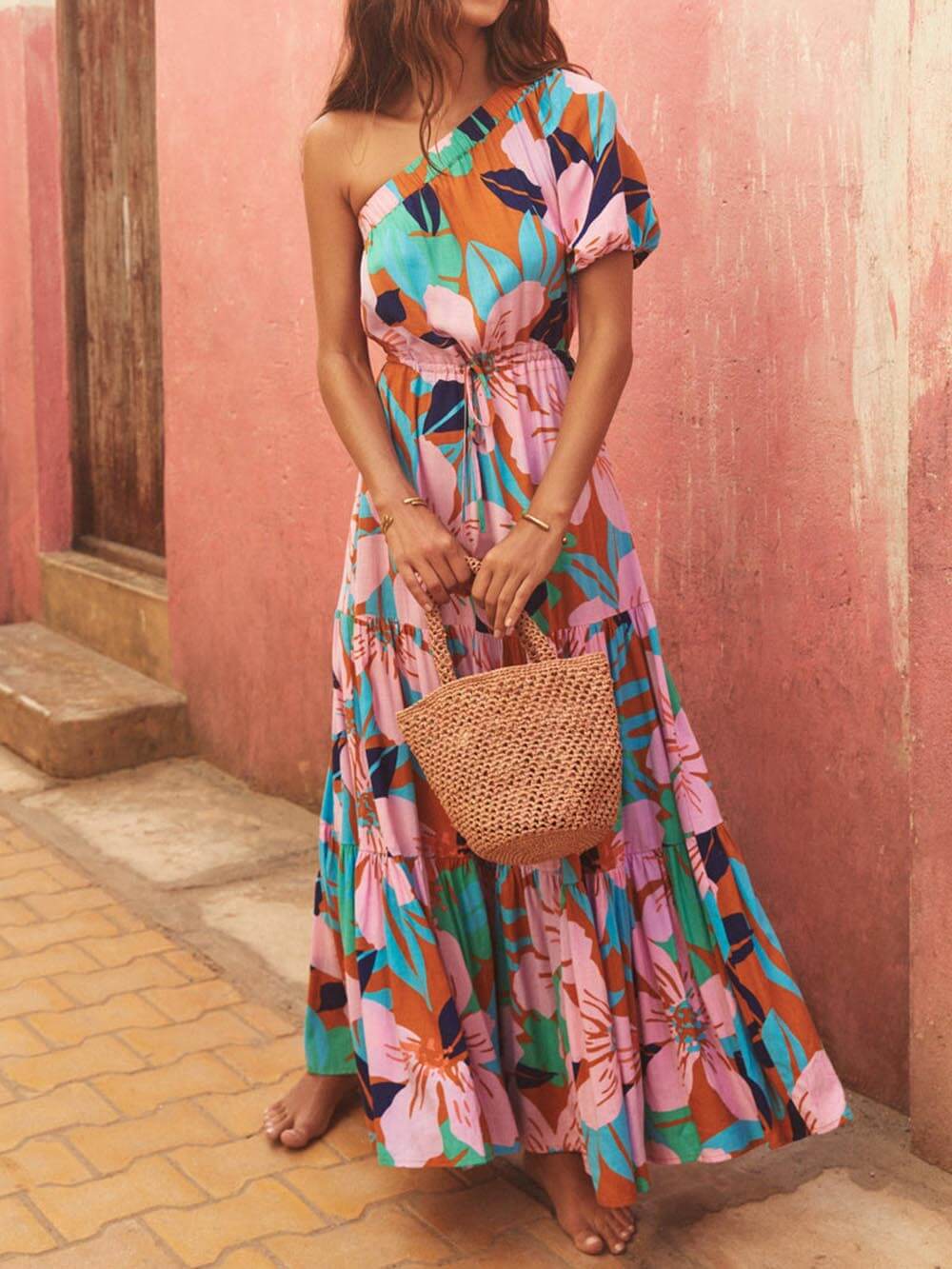 Off-shoulder Palm Leaf Print Holiday Style Dress