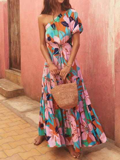 Off-shoulder Palm Leaf Print Holiday Style Dress