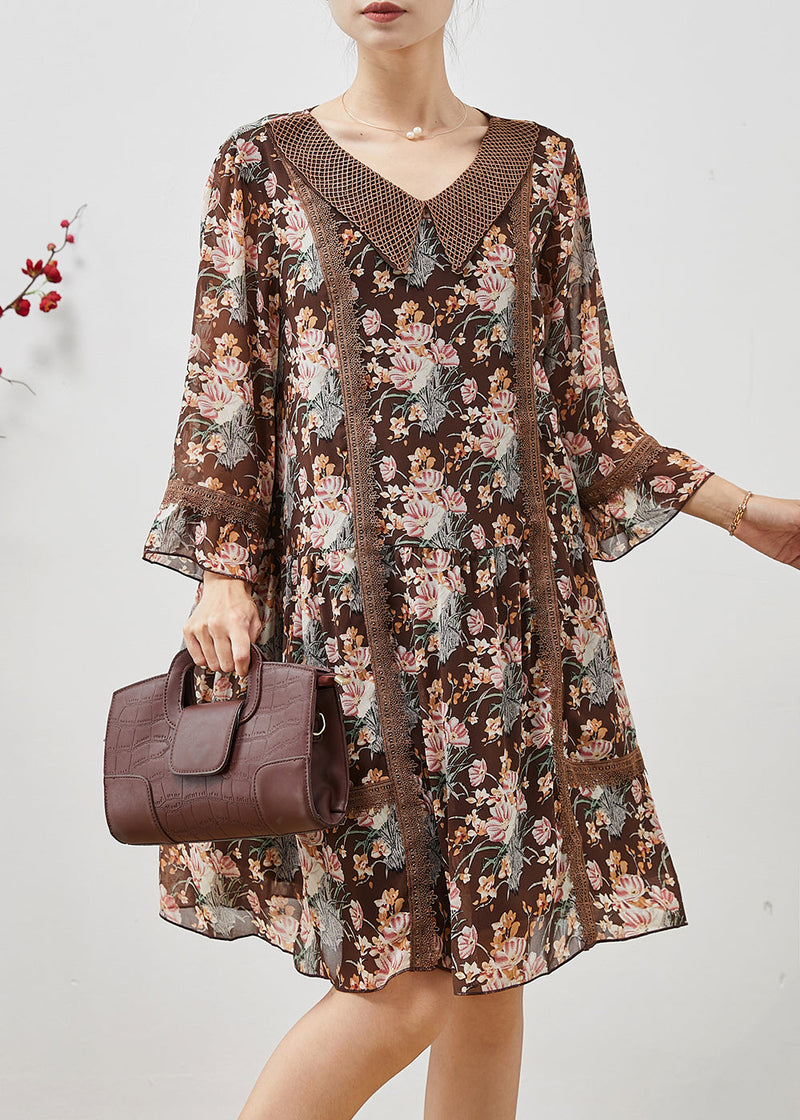 Brown Print Patchwork Lace Holiday Dress Summer