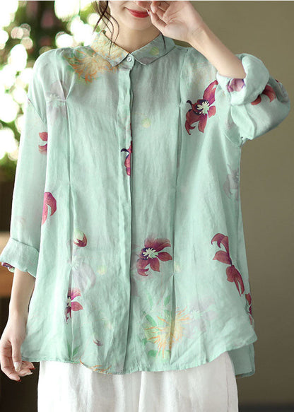 Light Green Button Peter Pan Collar Linen Blouses Spring