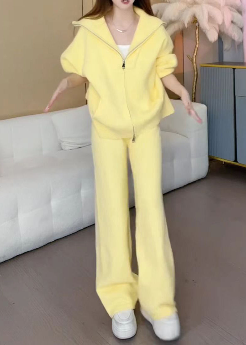 Yellow Zippered Cotton Knit Coats and Wide Leg Pants Two Pieces Set Winter