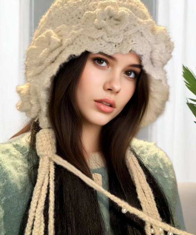 Handmade Beige Tassel Nail Bead Wool Knit Boonie Hat