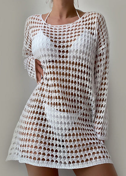 White O-neck Hollow Out Knit Top Long Sleeve
