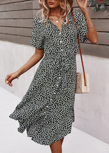 Green Peter Pan Collar Print Lace Up Cotton Dresses Summer