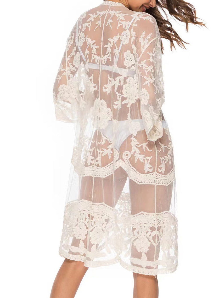 European and American Black Embroidered Lace Beach Cardigan