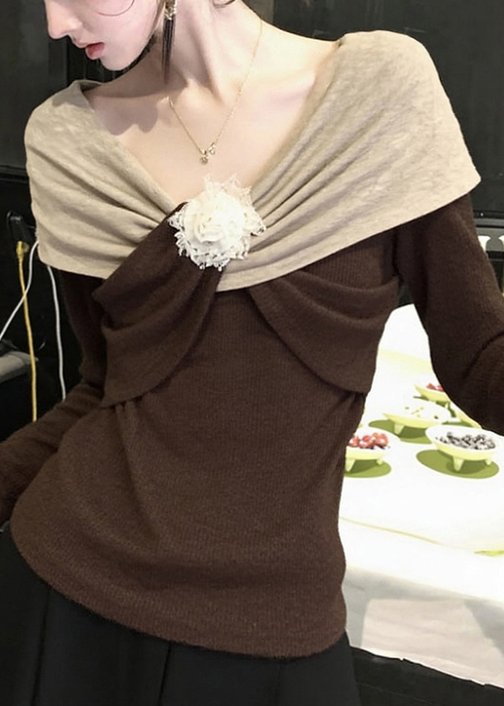 Original Design Brown Patchwork Knit Sweaters Fall