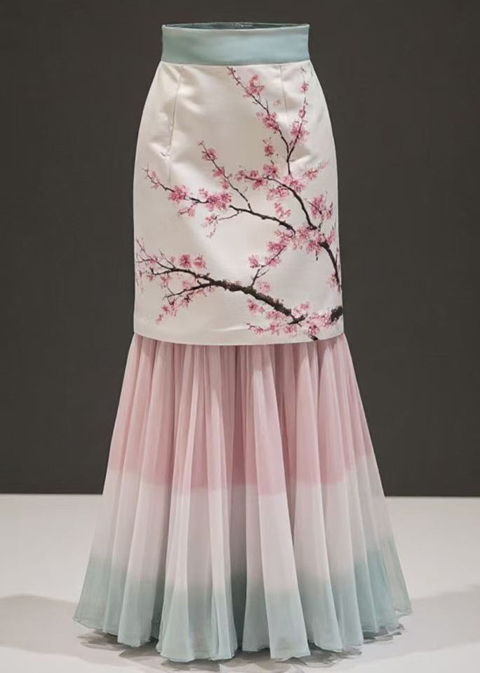 Pink Print False Two Pieces Chiffon Patchwork Skirts Summer