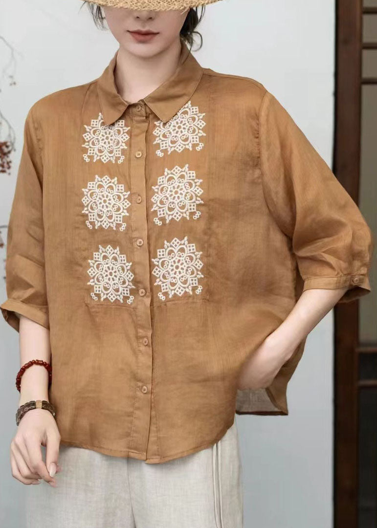 Loose Orange Peter Pan Collar Embroidered Linen Tops Summer