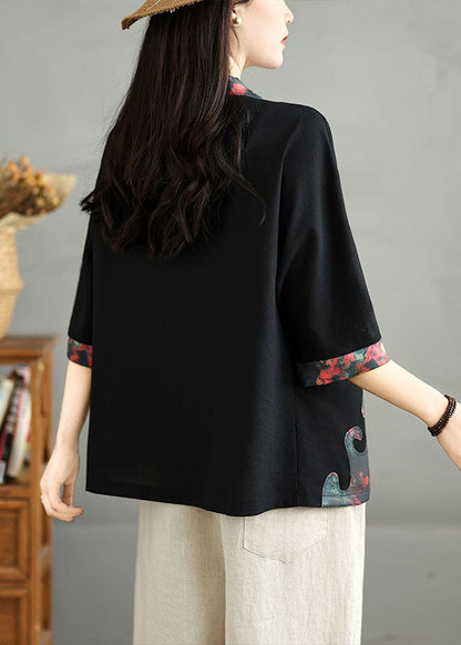 Black V Neck Print Button Cotton Cardigans Fall