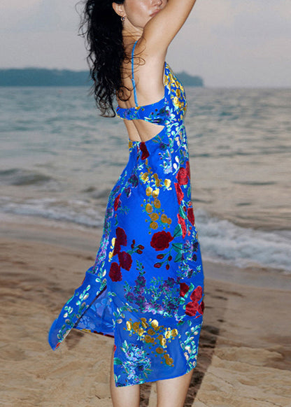 Blue Velvet Jacquard Cotton Summer Spaghetti Strap Dress