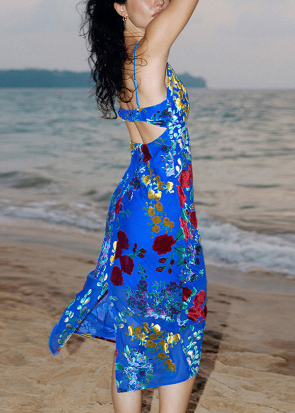 Blue Velvet Jacquard Cotton Summer Spaghetti Strap Dress